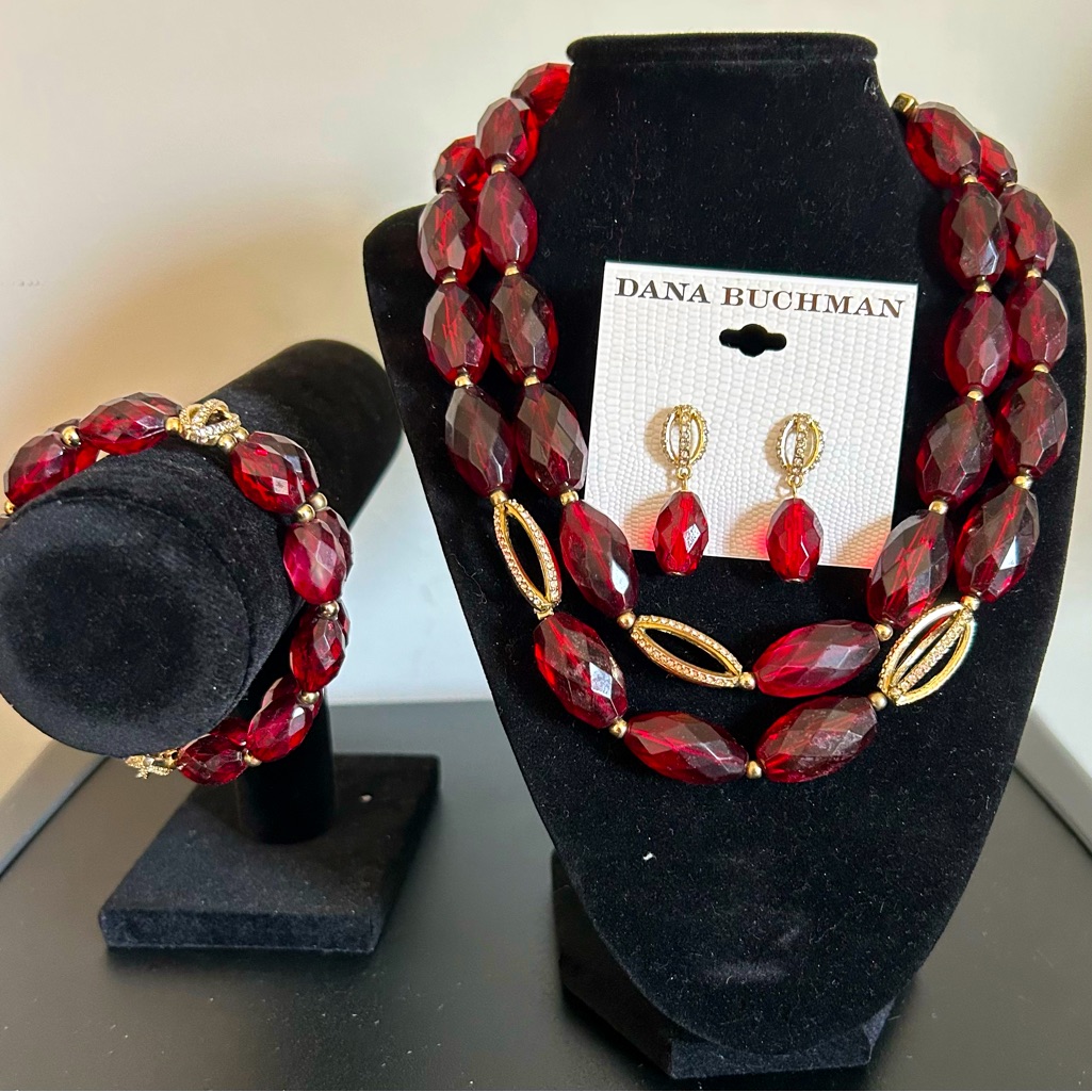 3-Piece Dana, Buchman, Necklace, Earrings, And Bracelet Set In Red